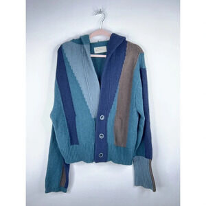 Necessity Sense Knit Cardigan Sweater Lambs Wool Blue Stripe Knit Hooded Medium
